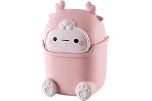 Tissting Lindo Bote de Basura con Tapa, Mini Bote de Basura Portátil de Escritorio de Dibujos Animados, Caja de Almacenamiento Pequeño para el Hogar, Cocina (Pink Little Elk)