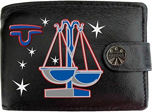 Libra The Scales Zodiac Astrology Star Sign KLASSEK Mens Wallet Real Black Leather RFID Blocking with Coin Pocket and Metal Gift Box