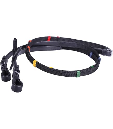 Cwell Equine Rênes Arc-en-ciel – Cuir Noir Avec Inserts Caoutchouc, Boucles S, Pour Cheval Et Poney