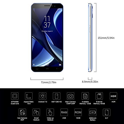 HOMTOM S16 3G Smartphone Ohne Vertrag Android 7.0 5,5 Zoll Display(18: 9) Quad Core Dual SIM 2GB RAM+16GB ROM 8MP+2MP+5MP Kameras Fingerabdrucksensor(Blau)
