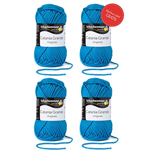 Schachenmayr Catania Grande * 4x Catania Grande lagune (Fb 3207) + GRATIS MyOma Label * Wolle Schachenmayr - blaue Baumwolle zum Stricken und Häkeln - Baumwollgarn Catania Grande - Schachenmayr Wolle