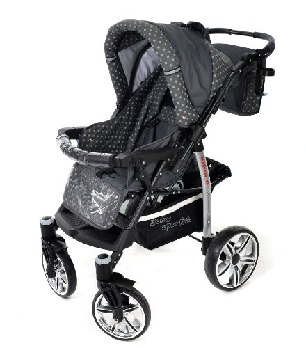 Baby Sportive X2, 3 in 1 Kombikinderwagen set – incl. Kinderwagen mit Zubehör, Babyschale und Sportwagen Aufsatz. System mit Schwenkräder. Reisesystem Farbe: Grau und Punktmuster - 5