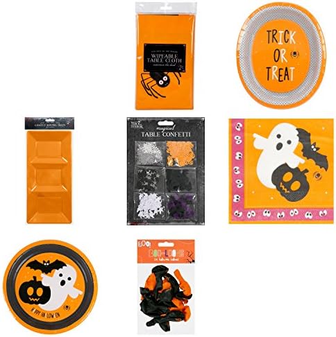 Halloween Tableware Party Supplies Set | Disposal Kit For 20 Guests Including Halloween Tablecloth | Paper Plates | Paper Napkins | Paper Platters | Serving Tray | Table Confetti | Balloons (Orange)