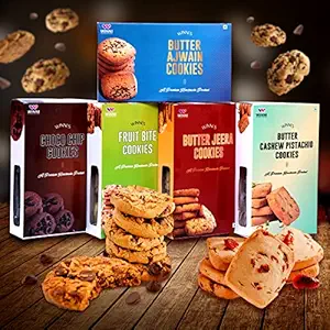 Premium Cookie Mix Pack of 5 - Chocolate Chip, Butter Ajwain, Butter Coconut, Atta, Butter Osmania, Multi grain Cookies, Biscuit & Snack Gift Pack | Party Gift, Birthday, Anniversary, Valentine Gift for Girls, Girlfriend, Wife, Couple, Husband - Winni