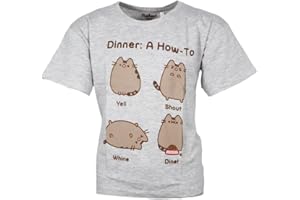 eplusm - Pusheen Kinder T-Shirt – „Dinner: A How-to“ – Lustiges Katzen-Shirt für Mädchen & Jungen – Größen 134–152 – Rosa oder Grau