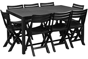 URBN GARDEN 9-Piece Outdoor Dining Set - Large 2.2M Adjustable Plastic Table with Removable Leaf & 8 Folding Chairs, Durable & Stylish, Space-Saving Design, Perfect for Patio, Deck & Garden