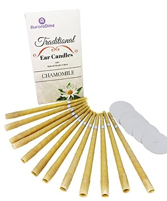 Bougies d'Oreille Traditionnelles Camomille pour Traitement & Aromathérapie ~ Pure cire d'abeille & Mousseline de Coton Naturel avec Filtres & Disques protecteurs ~ Apaisant et & Relaxant, Fait à la Main, Pack de 12 (6 Paires) par AuroraDime