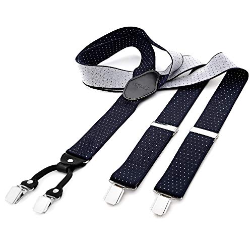 DonDon tirantes anchos 3,5 cm para hombres con 4x clips con cuero en forma de Y - elástico y longitud ajustable - con lunares en azul blanco