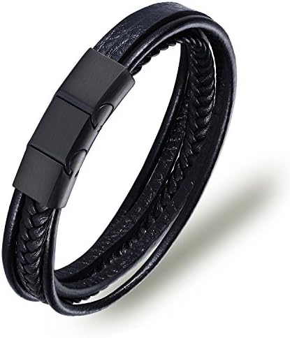 BANDPLUS Men’s Genuine Leather Bracelet Multi-layer Wristband, 8"- 8.5" Adjustable Length Braided Rope Wrap Bracelet Cuff Bangle for Men with Two Black Titanium Steel Magnetic Clasp