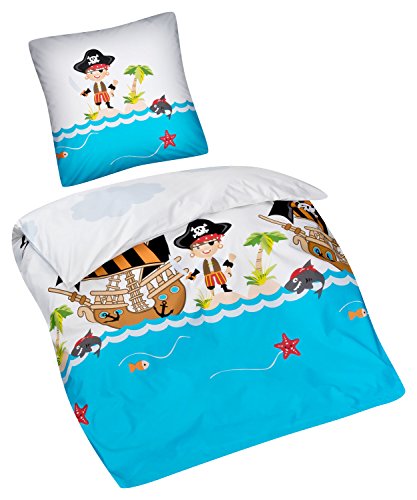 Aminata Kids – Bettwäsche 135×200 cm Kinder Jungen Pirat Baumwolle Reißverschluss Blau Rot Weiß Seeräuber Piratenschiff Kinderbettwäsche 2-teiliges Bettwäscheset Ganzjahres Bettbezug Wendebettwäsche - 2