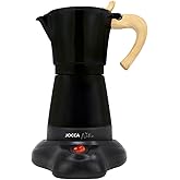 JOCCA, Cafetera Italiana Eléctrica de Aluminio, 6 Tazas, Cafetera Portátil y Manual con Mango de Madera, Negra, Máquina de Ca