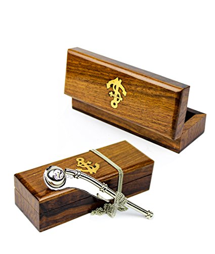 Nagina International Boatswain's Brass Crafted Bosun's Pipe Whistle With Chain & Handcrafted Rosewood Anchor Inlayed Case | Pirate's Decor Collection | Maritime Decor (Nickel Plated W/Box)