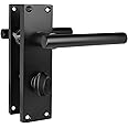 HANDLESTORE T-Bar Lever Backplate Door Handle | Black Door Handles | Latch, Lock or Bathroom 150mm x 42mm Backplate (Bathroom)
