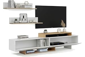 duehome | Mueble de Salón, Composición Modular de TV, Modelo: Bender 200, Acabado en Blanco y Roble, Medidas: 200 cm (Largo) x 33 cm (Fondo) x 46 cm (Alto)