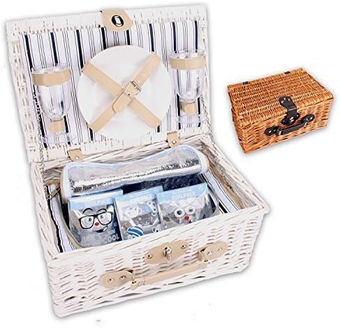 Picnic Basket " Pickpack " with Cooling Compartment, cooling packs and Dishes in White or Brown - White