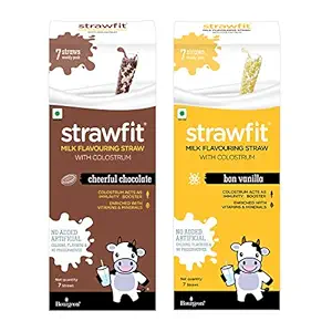 Strawfit 7 Chocolate & 7 Vanilla, Milk Flavoring Straw With Colostrum For Kids Immunity, Health And Nutrition, Total 14 Straws (2 Packs)