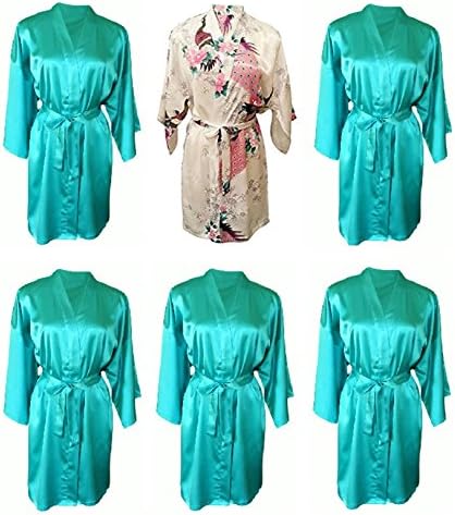 Party Pack Set of 6 Pretty Hen Party Getting Ready Robes, OSFM, Wedding Dressing Gowns for Bride/Bridesmaids, 1 White Satin Peacock Kimono Robe & 5 Solid Satin Teal/Turquoise Kimono Robes