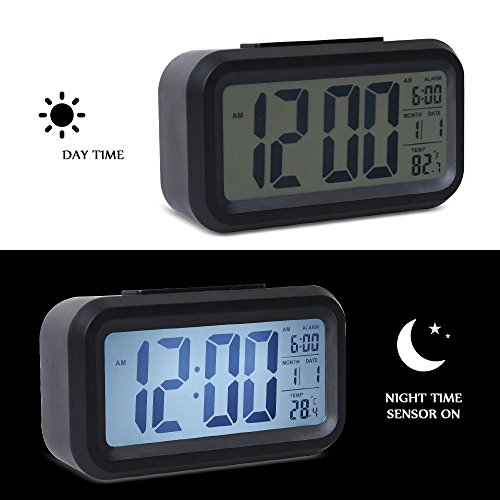 Bosdontek Smart LED-Digital-Wecker Snooze 5 Minuten, bald aufhören Alarmknöpfe, mit Datum, Temperatur-Sensor-Licht (schwarz) - 2