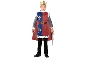 SMIFFY'S Smiffys King Arthur Medieval Costume, Red with Tunic, Cape & Crown, Child Dress Up Costumes