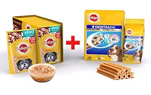 Pedigree Adult Dog Food ?Gravy Chicken & Liver Chunks, 1.2kg (80 g X 15 Pouch's) with Dentastix Oral Care Medium Breed, 720 g (28 Stick) - Combo Pack