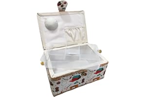 JYC CREATIVE Medium leerer Nähkasten aus Holz, mit Stoff ausgekleidet, mit 4 Fächern, Organizer mit Nadelhalter, Aufbewahrungsbox mit Griff, Zubehörablage (Medium, Nähmaschine)