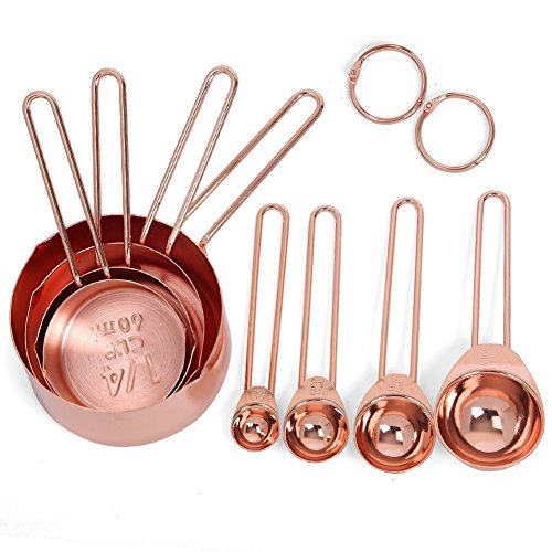 Lot de 8 tasses et cuillères doseuses en cuivre et acier inoxydable - Mesures, becs verseurs gravés poli pour la cuisine et la cuisson - 60 ml 80 ml 125 ml 250 ml 4 Cups & 4 Spoons rose gold
