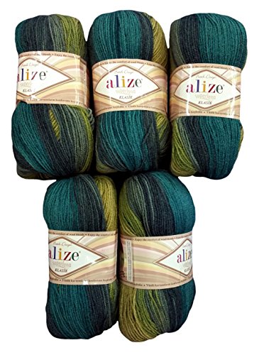 5 x 100 Gramm Alize superlana Wolle dunkelgrün grün oliv mit Farbverlauf, Nr. 4840, 500 Gramm Strickwolle 75% Acryl 25% Wolle