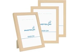 PHOTOLINI Marcos 15x20 cm madera MDF natural, set de 3 marcos para pósteres, cristal acrílico, para colgar y poner de pie, incluye accesorios - para fotos, láminas y pósteres