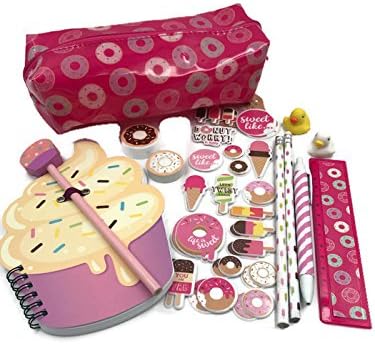 A Unique 13 Piece Stationery Set Bundle With A Cup Cake Shaped A5 Pocket Notebook, A Large Donut Pencil Case, 2 Sheets of Donut Stickers, Donut Shaped Rubber &amp; Pencil Sharpener, 2 X Pencils, Pen &amp; Ruler with 2 X 3D Duck Erasers. Supplied By The Sweetest Peas