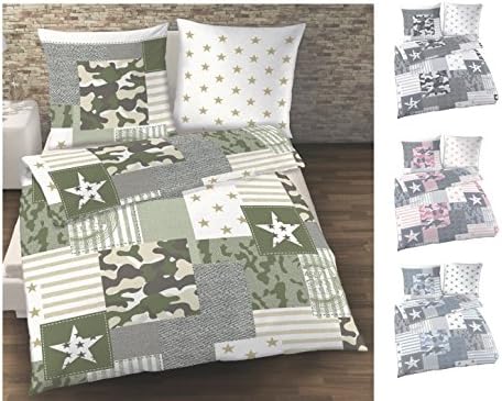 Vintage Patchwork design Camouflage Flannelette Bed Linen Stars, &amp; Camou – American Style – with Reversible Cushion Cover – 2 Piece – Pillowcase 80 x 80 + 135 x 200 cm Duvet Cover – 100% Cotton – Made in Germany Olive green