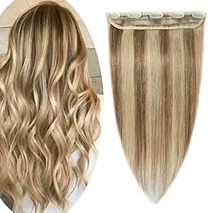 18 Inch Clip in Extensions 100% Remy Human Hair 50g One-piece 5 Clips Long Straight Hair Extensions for Women Wide Weft Soft Silky Balayage #12P613 Golden Brown Highlighted with Bleach Blonde