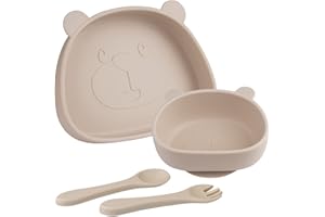 Qshare Suction Baby Plate and Bowl Set with Fork Spoon,Non Slip Toddler Divided Placemat,BPA Free Silicone Feeding Set for Babies Toddlers Kids