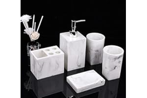 YIYIDA Badezimmer Zubehör Badausstattung Sets 5-Teiliges aus Harz,Marmor Aussehen mit Seifenspender, Zahnputzbecher, Seifenschale,Zahnbürsten-Halter, luxuriöses Badezimmer-Set Weiß Schwarz