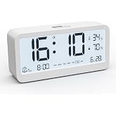 PASIVOLE Battery Operated Digital Alarm Clock with Calendar | Temperature | Humidity | LCD Display | Dual Alarm | Snooze and