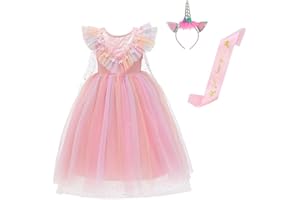 Lito Angels Disfraz de Princesa Unicornio con Aro de Pelo de Cuerno para Niñas, Vestido de Tul Arcoiris para Fiesta de Cumpleaños, Talla 2-10 años, Azul