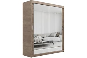 ELUKS SKY Double Sliding Doors Wardrobe with Mirror Drawers Furniture for Bedroom Living Room and Hall Wardrobe Organizer Width 100cm/120cm/150cm/180cm/200cm (Sonoma Oak, 150cm)