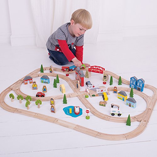 Bigjigs Rail Wooden Town and Country Train Set - 101 Play Pieces