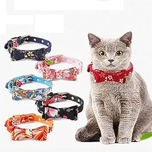 Royale Dog Cat Japanese-Style Bow Cat Collar PU Collar Bell Bow Pet Cat Tie Adjustable Neck 17-24cm Width- 1cm (Sky-Blue)