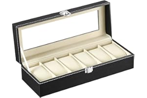 LINGFANSTORE Boîte à Montres avec 6 emplacements, Ecrin pour Montres pour 6 Montres, Présentoirmontres avec Couvercle en Verre, Doublure en Velours, 30 x 11,5 x 8 cm (Schwarz-W04B)