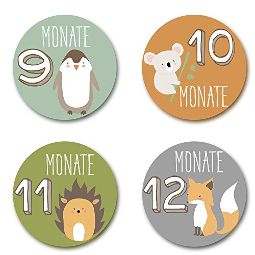 Baby Monatsaufkleber für das 1. Lebensjahr (Deutsch) – Tiermotive - 7