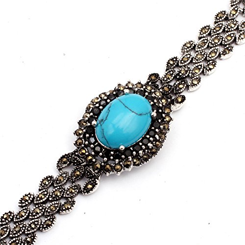 SHG Store Fashion Jewelry Link Bracelet Oval Stone Beads Tibetan Silver Marcasite 7"