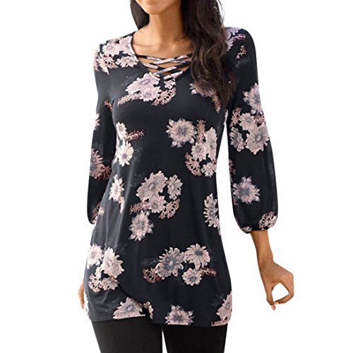 Preisvergleich Produktbild JUSTSELL Langarmshirts Damen,Frauen V-Ausschnitt Tops 3 / 8 Langarmshirts Blumenmuster Tunika Hemd Elegante Temperament Damentops Casual T Shirt