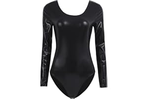 iEFiEL Damen Metallic Body Lackleder Bodysuit Catsuit Wetlook Jumpsuit Langarm/Kurzarm Turnanzug Ballettbody Trikotanzug Tanzkostüm