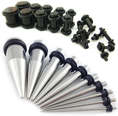 Gauge Gear® 28Pc Ear Expander Kit- Stainless Steel Ear Tapers and Black Ear Plugs 1.6mm-10mm