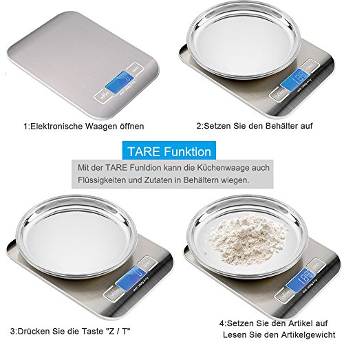 E2BUY® 5000g Digitale Küchenwaage, Lebensmittelwaage, Elektronische Kochen Lebensmittelwaage mit hoher Genauigkeit, LCD-Display, Edelstahl und schlankes Design, Inkl. Batterie (Silber) - 5