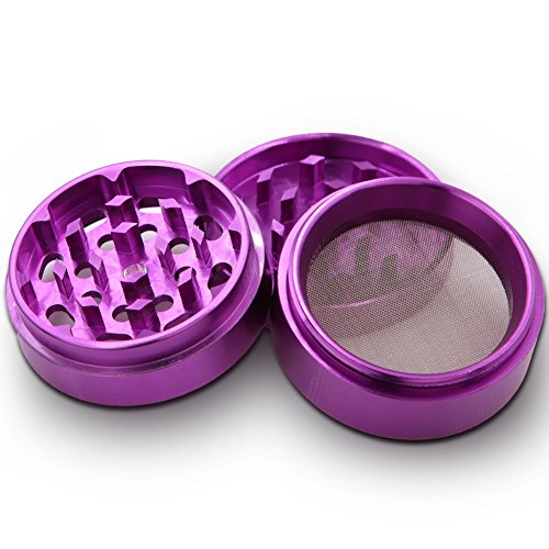DCOU neue Design Premium Krautmühle mit Siebgrinder bruchfester Aluminium Tabak Mahler Crusher Gewürze Schleifer mit Blumen auf dem Deckel Magnetisch Ø55mm 4-teilig Lila - 4