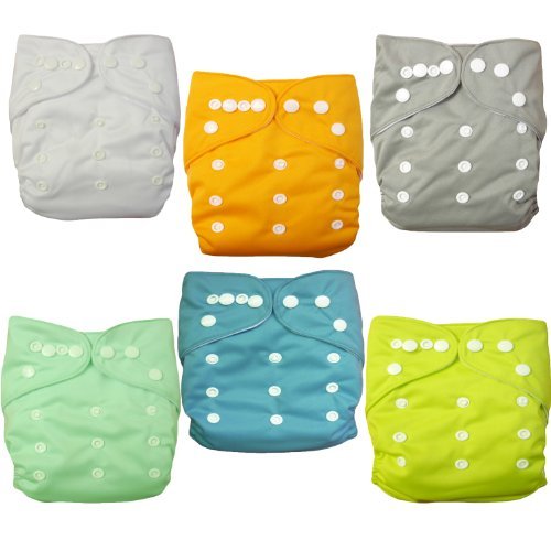 Alva Baby Double Rows of Snaps 6pcs Pack Fitted Pocket Washable Adjustable Cloth Diaper with 2 Inserts Each (6 Assorted Neutral Color) (Baby/Babe/Infant - Little ones)