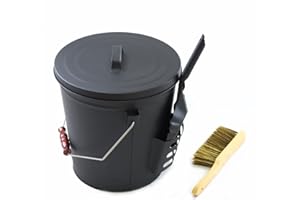 FORYEYC Kosz na popiół z pokrywką, szufelką i szczotką do czyszczenia, 19,5 l, metalowa szufla na węgiel do kominka, paleniska, pieców do spalania drewna wewnątrz i na zewnątrz, uchwyt do zamiatania, szufla