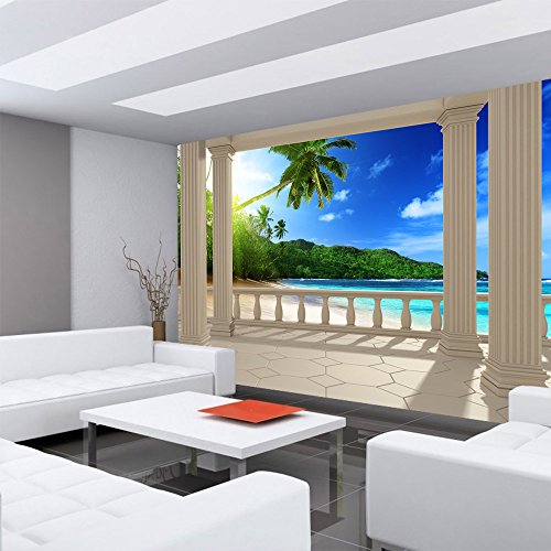 Vlies Fototapete 350×245 cm PREMIUM PLUS Wand Foto Tapete Wand Bild Vliestapete – TERRACE VIEW CARIBBEAN BEACH – Ausblick Terrasse Seeblick 3D Strand Beach Meer Sonne Palmen – no. 121 - 6