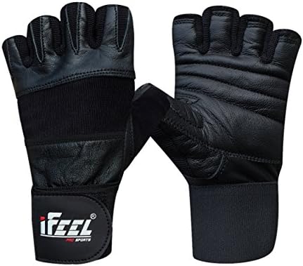 Weight Lifting Gym Gloves with Wrist Wraps and Leather Palm Pads ideal for Workout, Fitness, Exercise, Bodybuilding, Dumbbells, Cross Training, Outdoor Sports, Biking. Enjoy Comfort &amp; Quality by iFeel - Size L